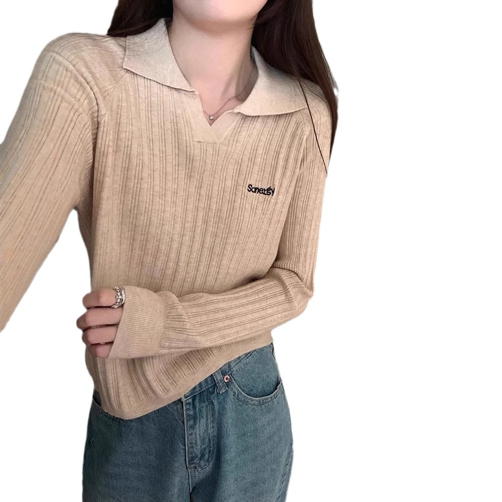 스카이 블루 폴로 칼라 핏 편지 수 놓은 긴팔 니트 셔츠 여성용 초가을 슬림 핏 내베이스 셔츠 탑