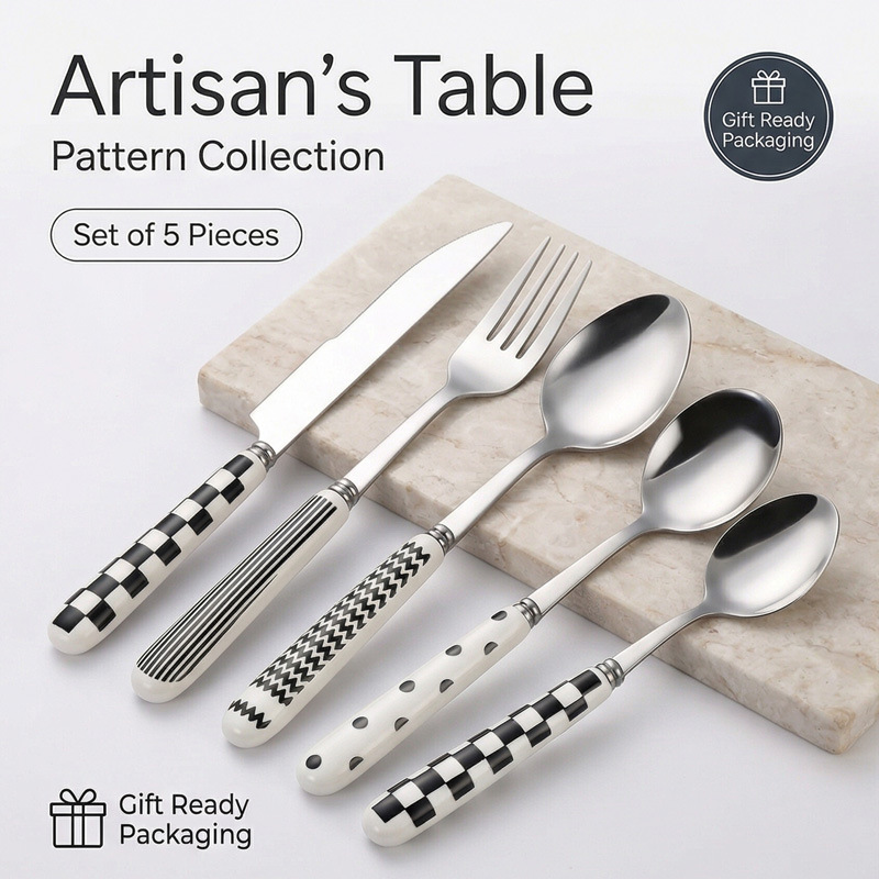 410 Stainless Steel Ceramic Handle Tableware Black and White Pattern Knife, Fork, and Spoon 5-Piece Gift Set Cross-Border Hot Sale Starting from 5 Yuan 410 Stainless Steel Ceramic Handle Tableware Black and White Pattern Knife, Fork, and Spoon 5-Piece Gift Set Cross-Border Hot Sale Starting from 5 Yuan