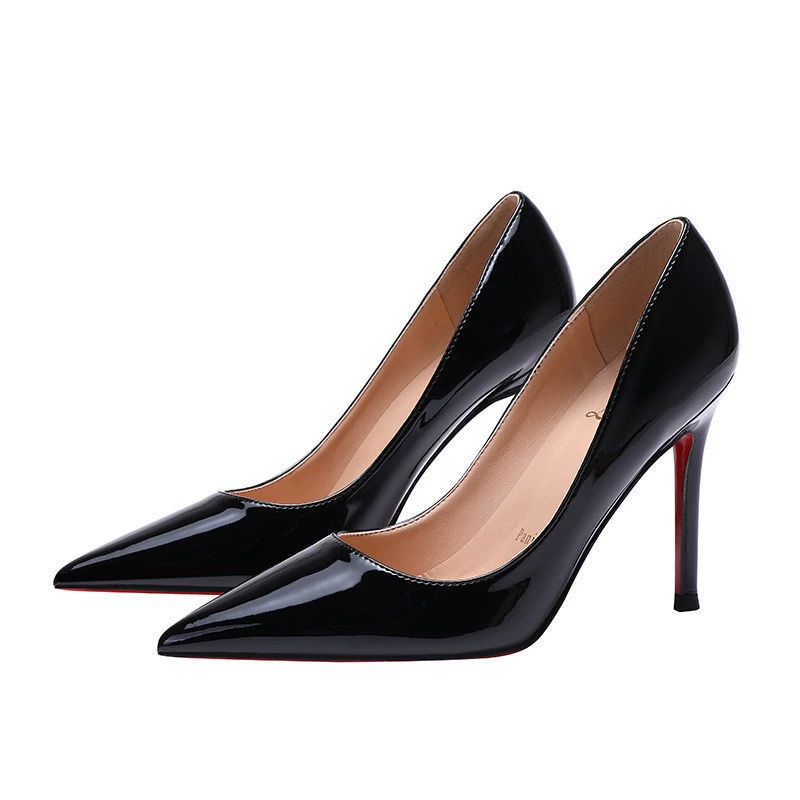 Nude side empty high heels for women red sole stiletto 2025 new pointed toe shallow mouth patent leather sexy temperament and beautiful single shoes