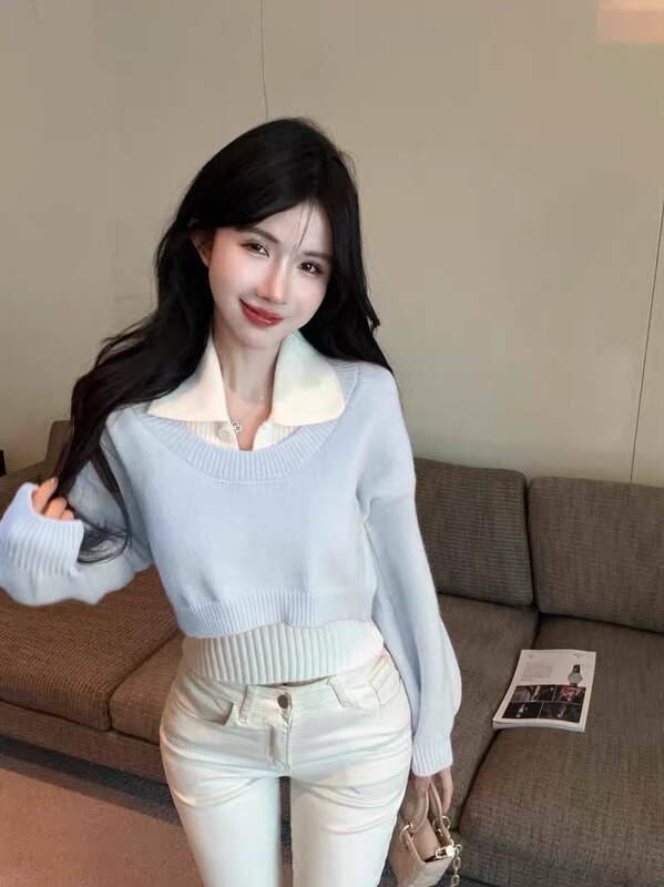 小个子polo领毛衣女学院风秋季新款短款针织两件套装慵懒翻领上衣|undefined