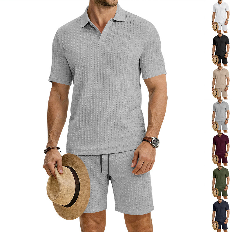 Cross-Border Amazon American-Style Summer Short-Sleeved Two-Piece Set for Men, Casual Commuting Simple Polo Short-Sleeved Shorts Set for Men