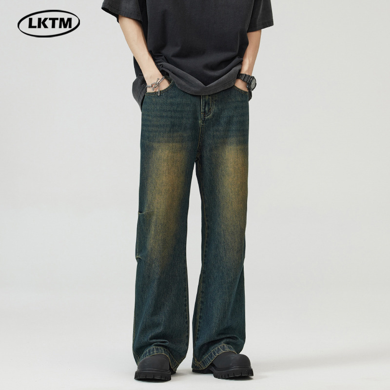 LKTM Men's Clothing #American High Street Flared Jeans for Men and Women, Retro Vibe Washed Pleated Design Paratrooper Pants