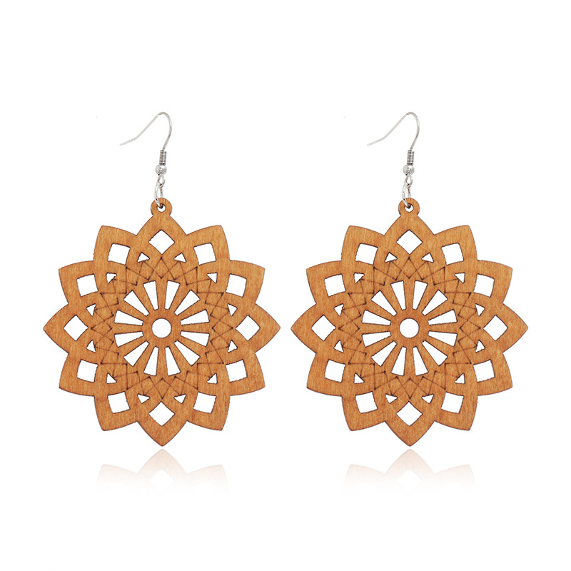 New Wooden Earrings Fashion Exaggerated Personality Hollow Geometric Coffee Color Wood Earrings Wholesale display picture 10