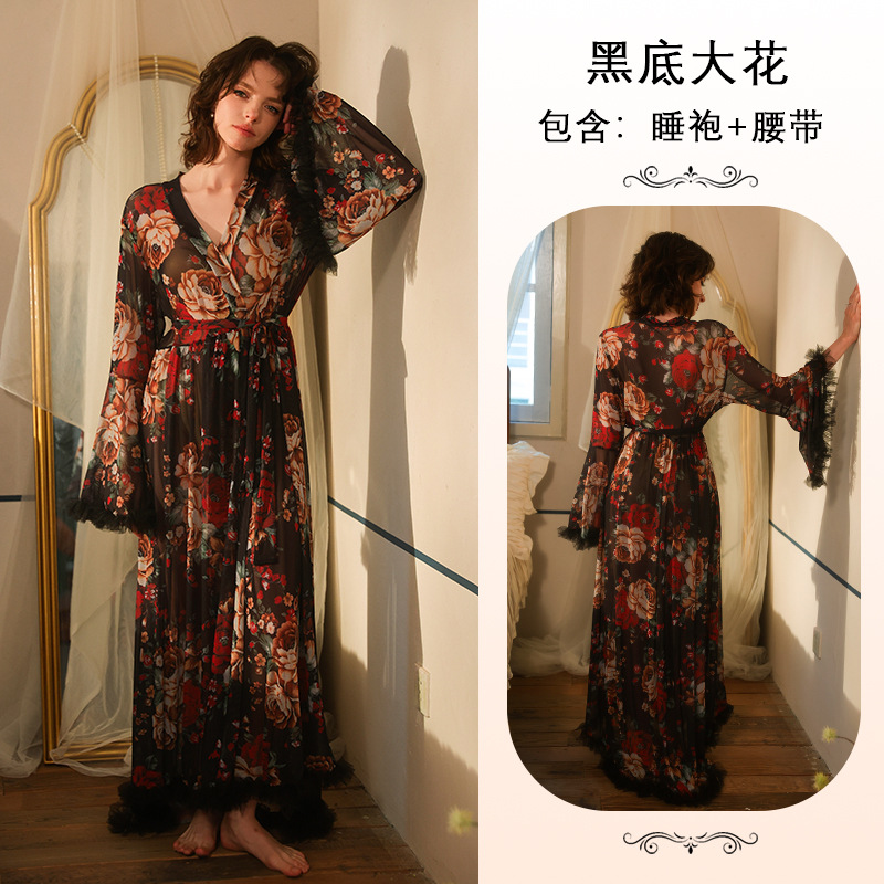 Lujo ligero estilo retrógrado floral ropa de dormir de cuello en V de manga larga ropa de casa de perspectiva 1119