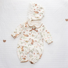 Spring New Little Princess Oil Painting Style Bunny Onesie Set for Newborn Infants Pure Cotton Placket Flower Edge Hat