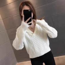 复古格个子女小个菱版针织套头毛衣长袖短款领秋冬针织衫新款海军