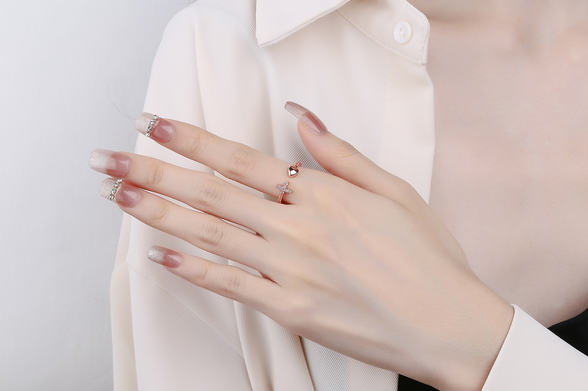 Fashion Cross Heart Shape Copper Inlay Rhinestones Rings