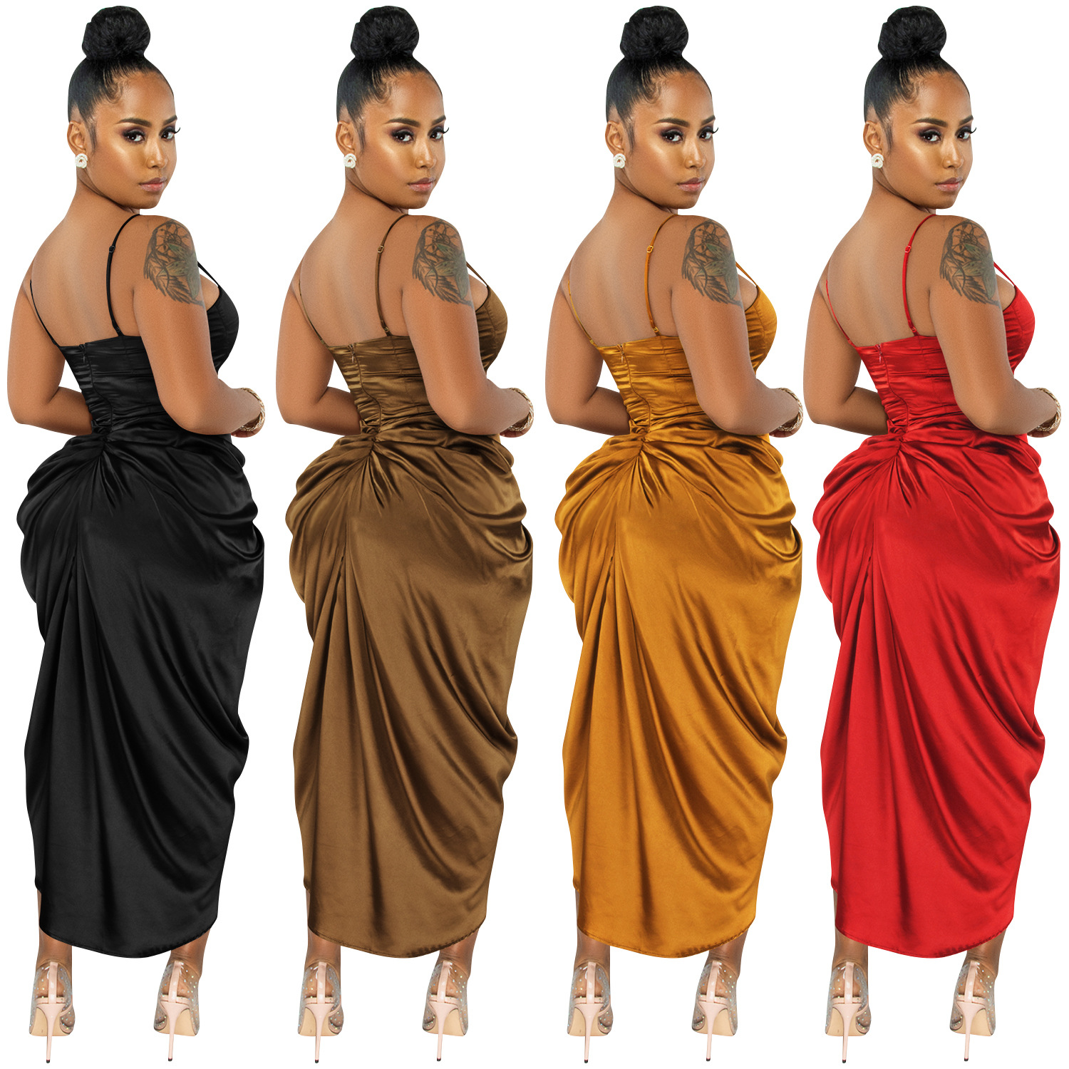 X5393 AliExpress Amazon eBay moda color sólido mujeres sexy Sling envuelto pecho arruga vestido de hendidura image 5