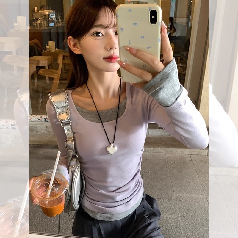 20251*1莫代尔长袖t恤女装薄款2025秋季新款假两件修身圆领打底衫|undefined