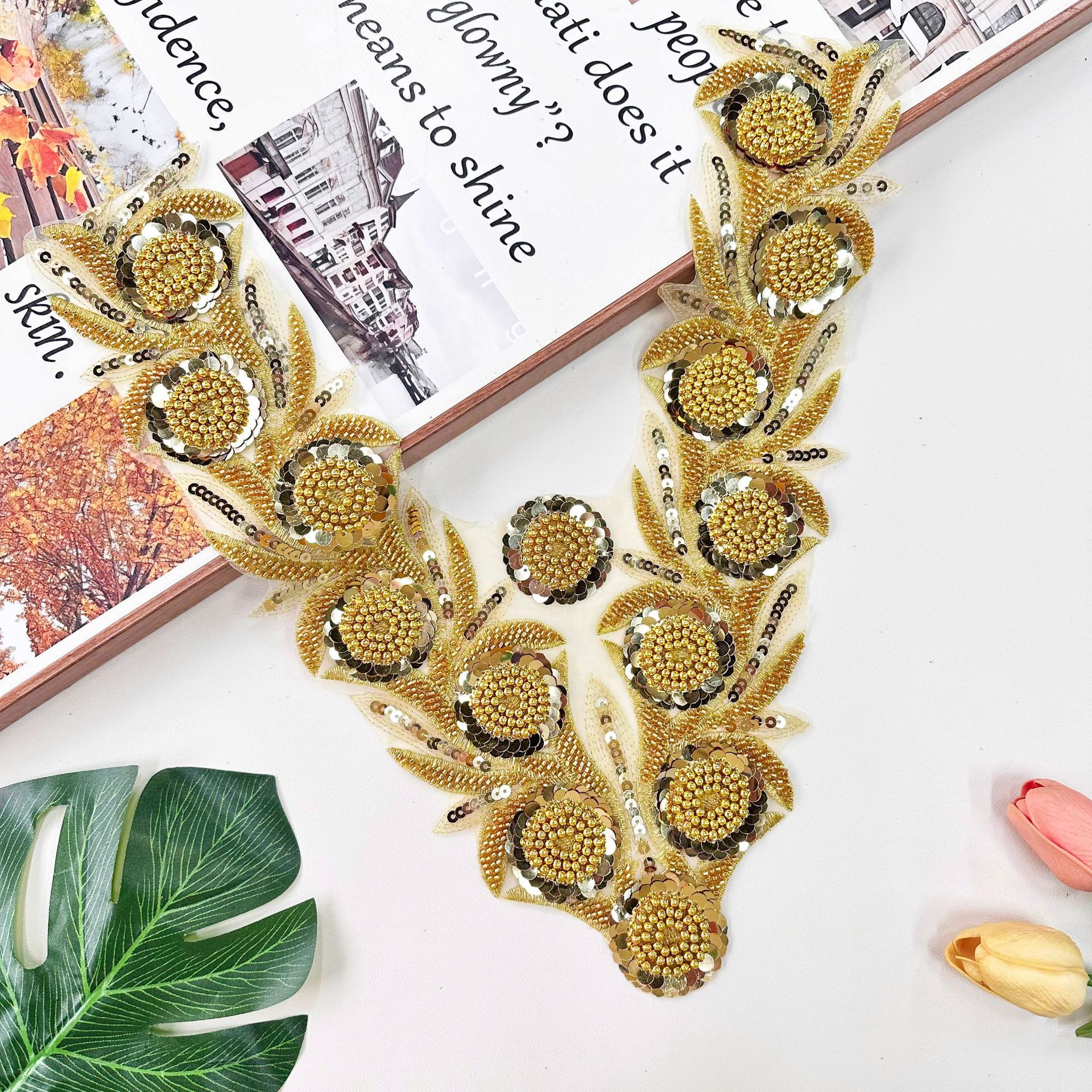 Nuevo punto de partida, bordado con cuentas, pegatinas de encaje, flores, vestido de novia con cuello en V, ropa de actuación, accesorios de cuello delantero para niños, encaje