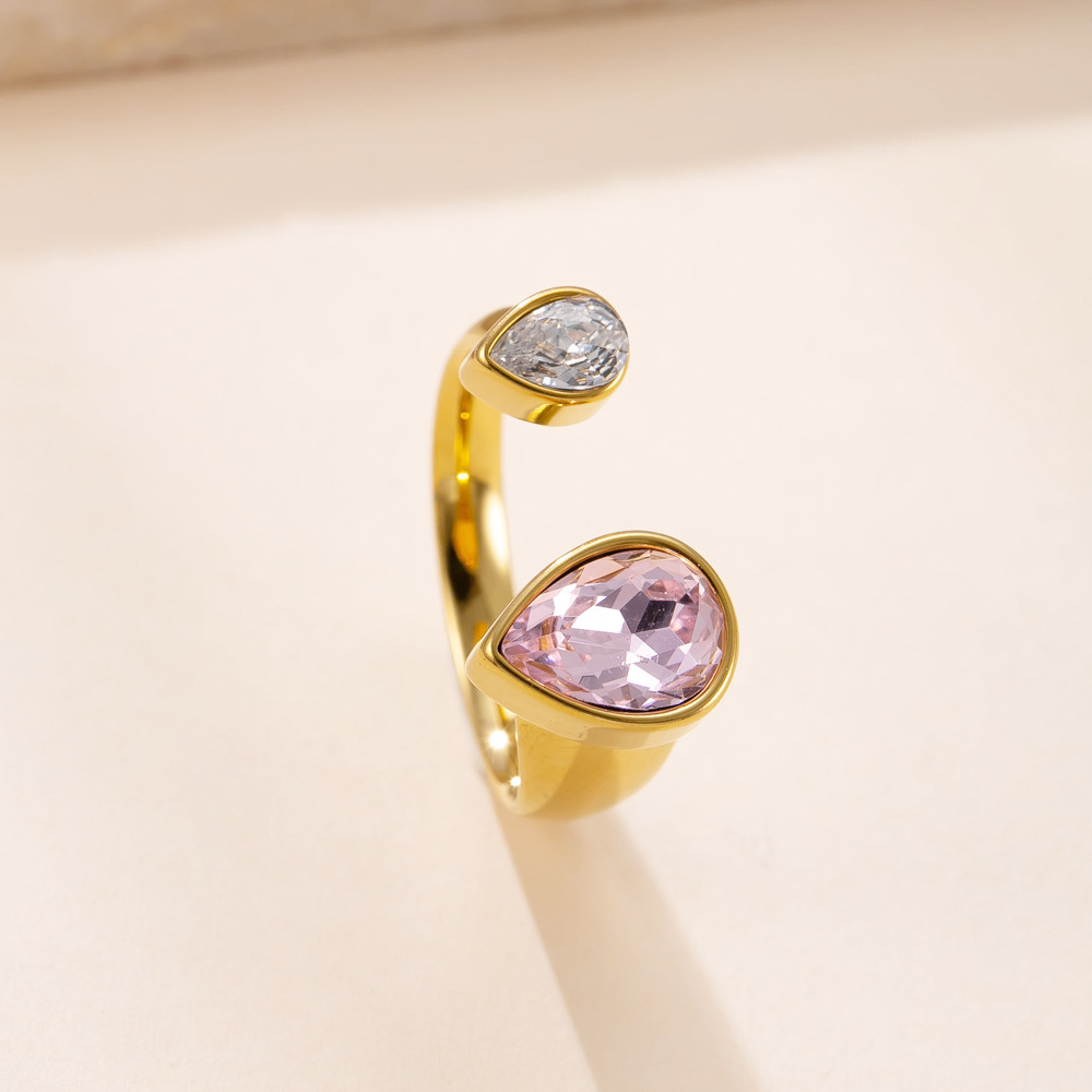 Anillo de acero inoxidable de moda europea y americana, anillo en forma de gota de diamantes de colores de fundición, anillo de apertura de circón de todo fósforo de lujo ligero