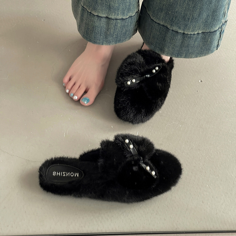 时尚百搭蝴蝶结珍珠毛毛拖鞋女2025秋冬新款仙女舒适外穿包头拖鞋|undefined