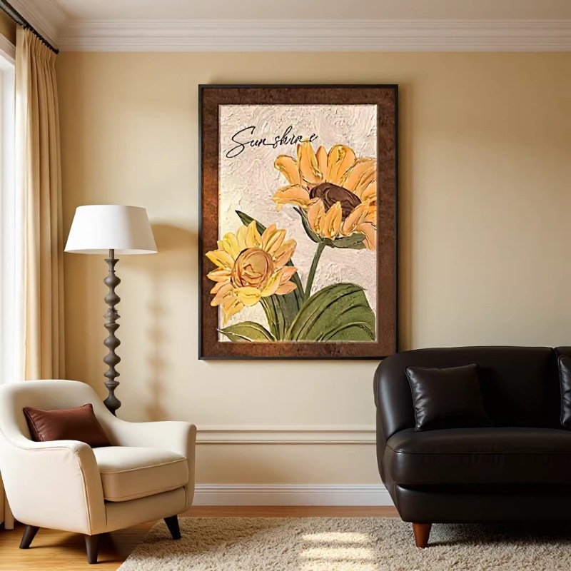 Sunflower Living Room Decorative Painting, Vintage-Style Sofa Background Wall, Floor-To-Ceiling Mural, Entrance Hall Hanging Painting