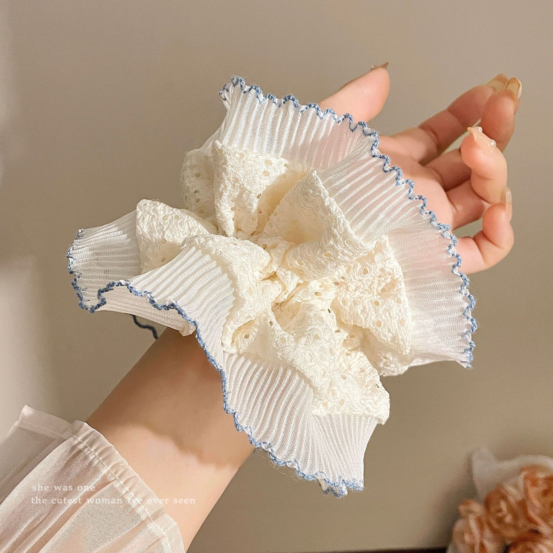 Accesorio para el cabello de estilo francés para mujer, pañuelo cuadrado simple, coletero de gran tamaño con ribete de encaje.