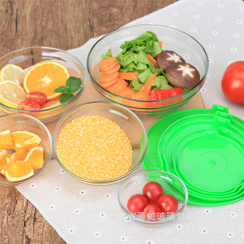 Recipiente de vidrio fresco refrigerador de cinco piezas Almacenamiento de vegetales y frutas Recipiente de regalo Juego de tazón Caja de regalo apertura actividad regalo