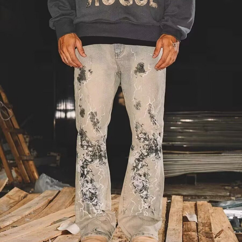 Amerikanische Micro-Pull-Jeans für Herren, bestickt, gerader Schnitt, trendige Marke, High Street, Graffiti-Trend, Retro-Freizeithose, Herren-Persönlichkeitstrend_voghion.com