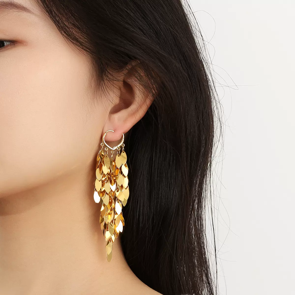 感小众叶子复古耳坠 欧美时尚气质夸张流苏亮片耳环earrings