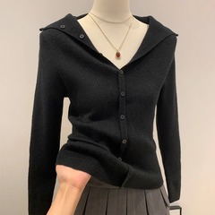 2025翻领设计感韩系针织衫女款套头洋气修身纽扣叠穿内搭上衣