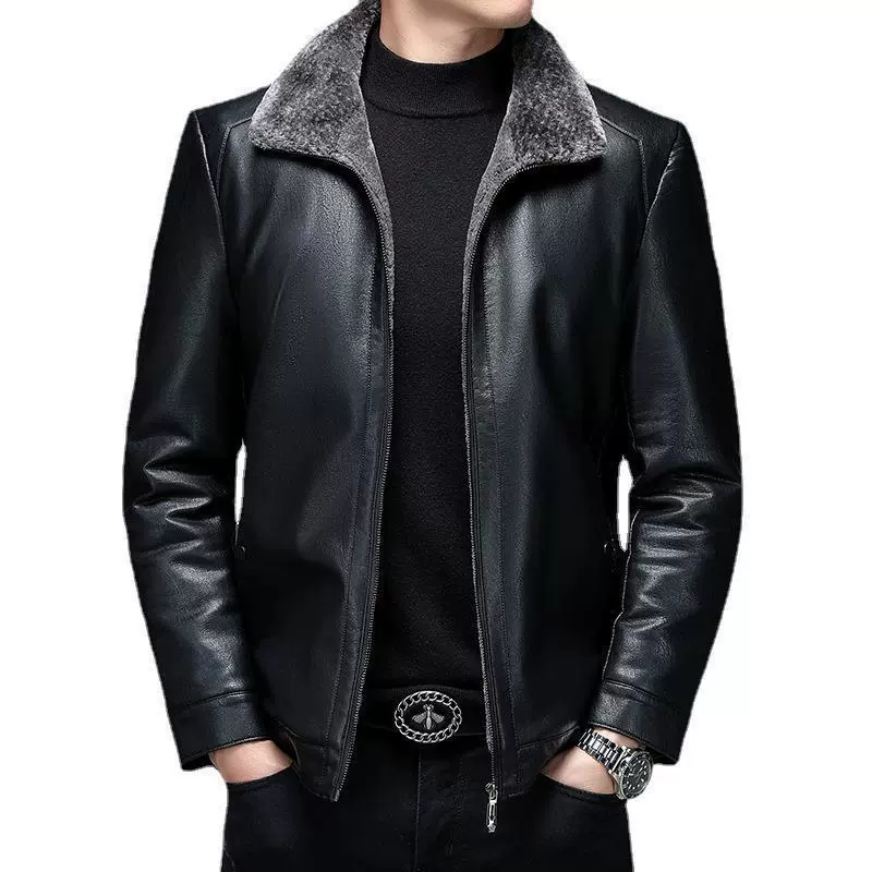 Men's warm down jacket, genuine leather, for middle age