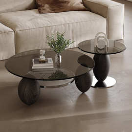 侘寂风茶几组合钢化玻璃黑色创意白蜡木圆形实木小户型客厅茶几
