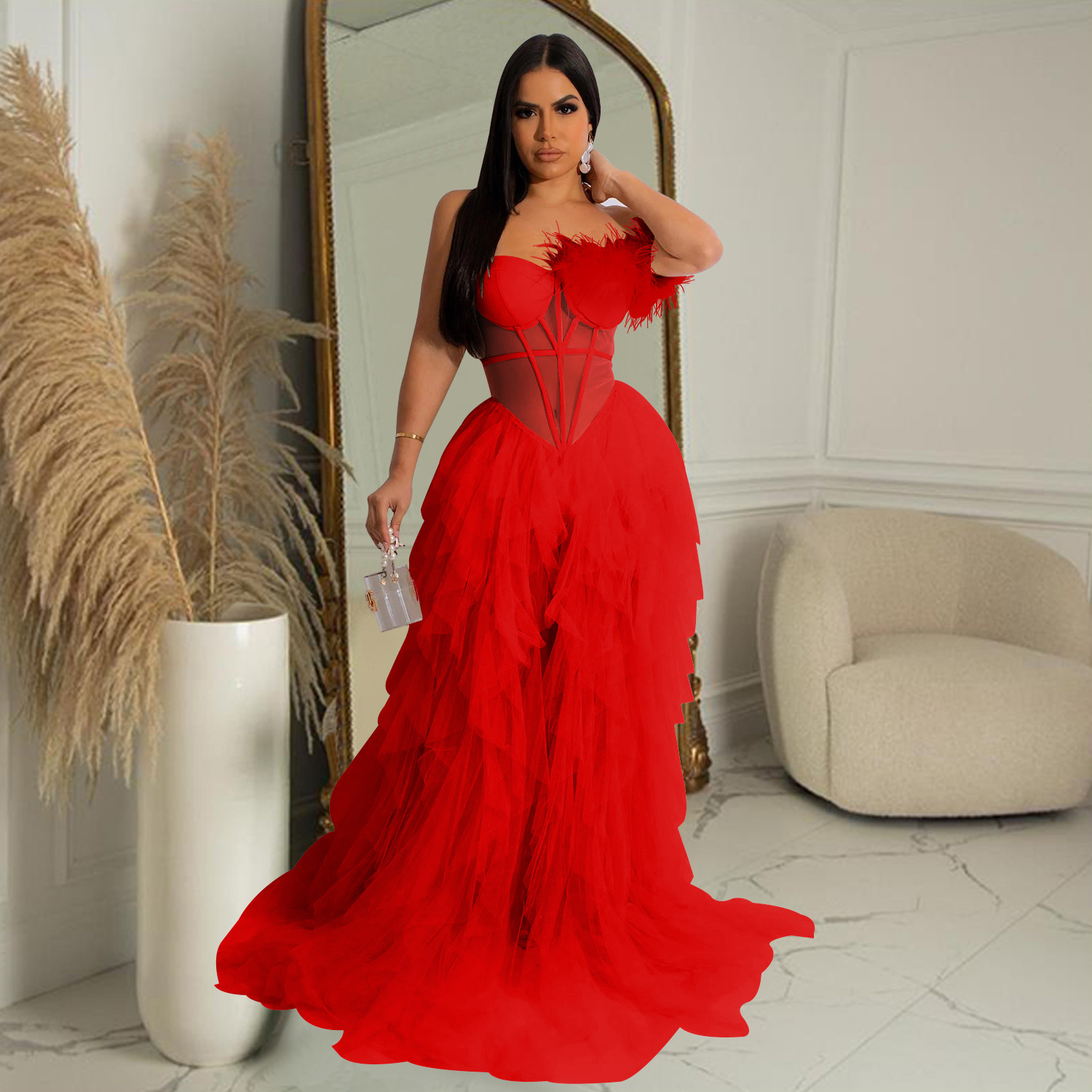 Ebay Comercio exterior transfronterizo ropa de mujer moda color sólido sexy sin mangas envuelto pecho vestido de malla vestido largo vestido de noche vestido