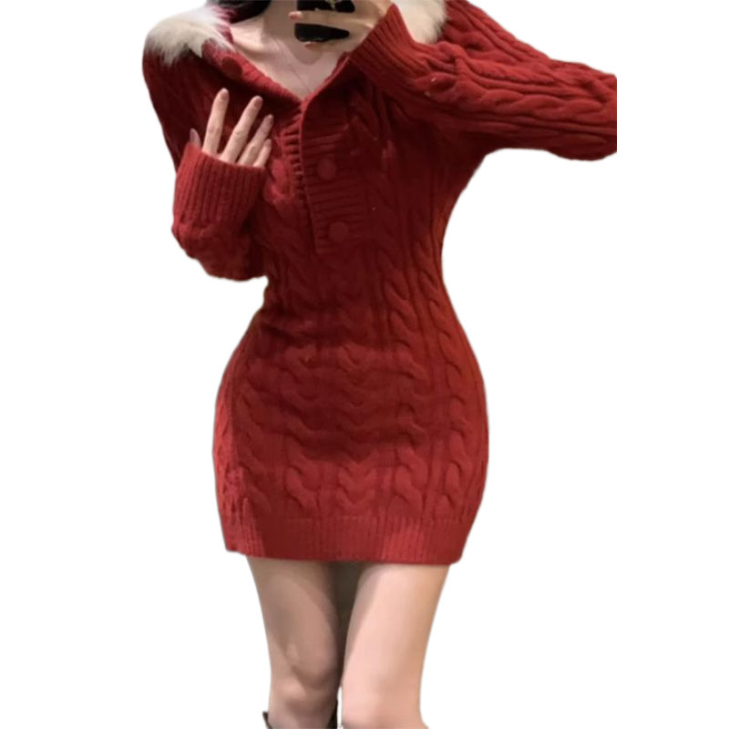 겨울 패션 세트 여성의 2024 새로운 크리스마스 셔츠 빨간 후드 베이스 니트 원피스 엉덩이 스커트