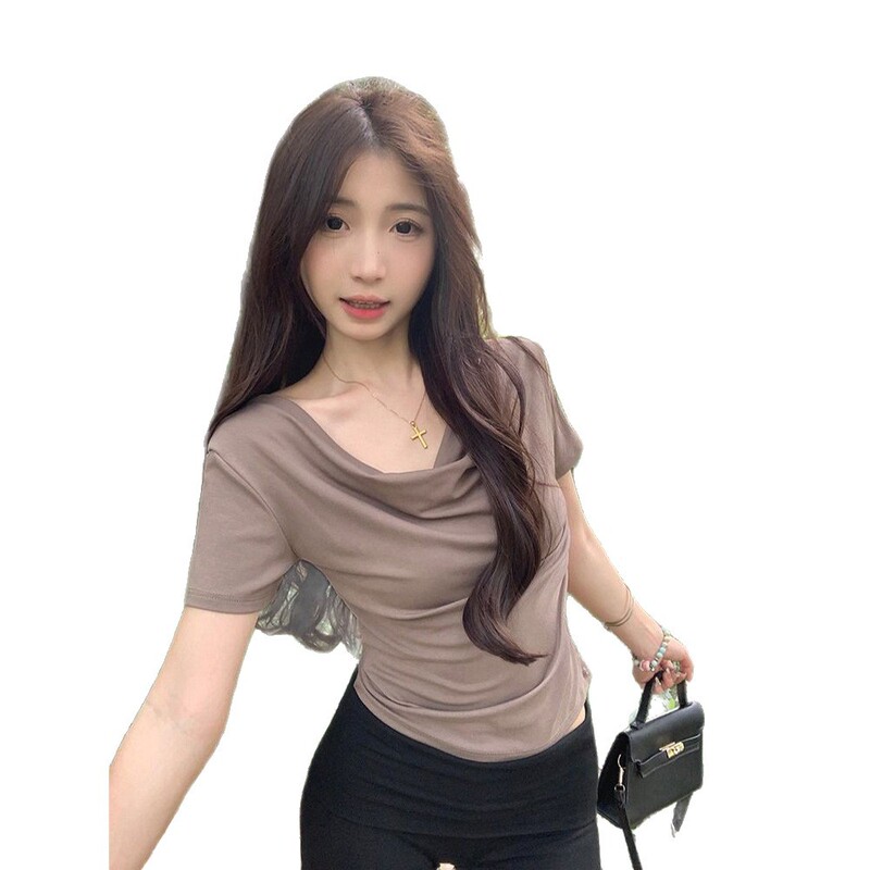デザインワンラインカラースリム半袖Tシャツレディース2025夏新作右肩ボトムシャツ韓国レディーストップス|undefined