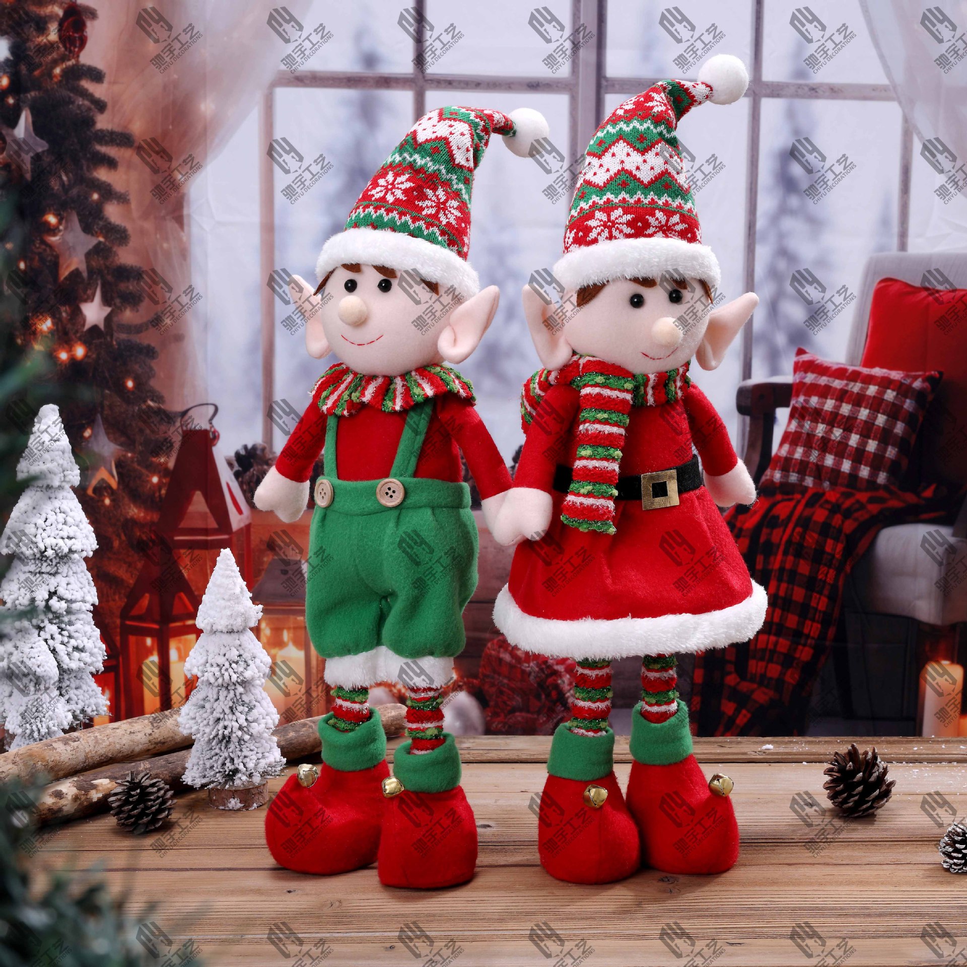 Navidad una variedad de tela roja y verde de piernas largas muñecas elfos retráctiles para hombres y mujeres muñecas elfos decoraciones de Navidad