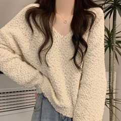 慵懒风V领针织毛衣女春秋季外穿宽松显瘦套头百搭长袖上衣小个子