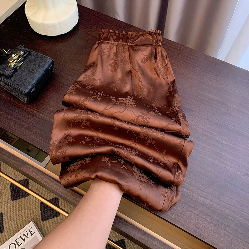 2025 весна новый ретро новый китайский стиль улучшенный атласный принт повседневные тонкие прямые брюки широкие брюки женские