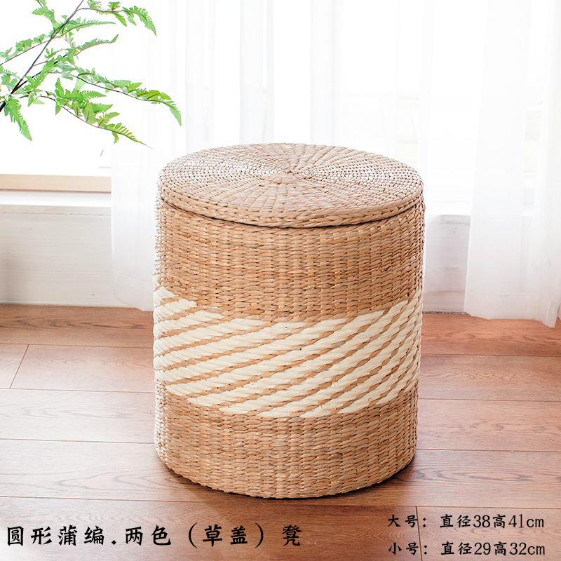 Taburete de almacenamiento de madera maciza tejido de paja Taburete de almacenamiento Taburete de cambio de zapatos tejido de ratán Taburete de maquillaje de sofá puede sentarse personas organizando caja de almacenamiento