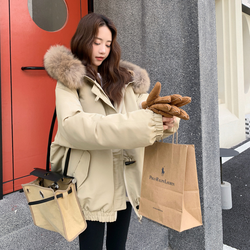 羽绒棉服女冬季韩版a字型面包服加厚棉衣百搭大毛领派克工装外套|undefined
