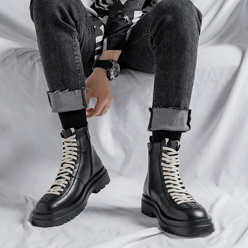 Men's new extra large size Martin boots 45 46 leather boots black white lace men's boots trendy shoes