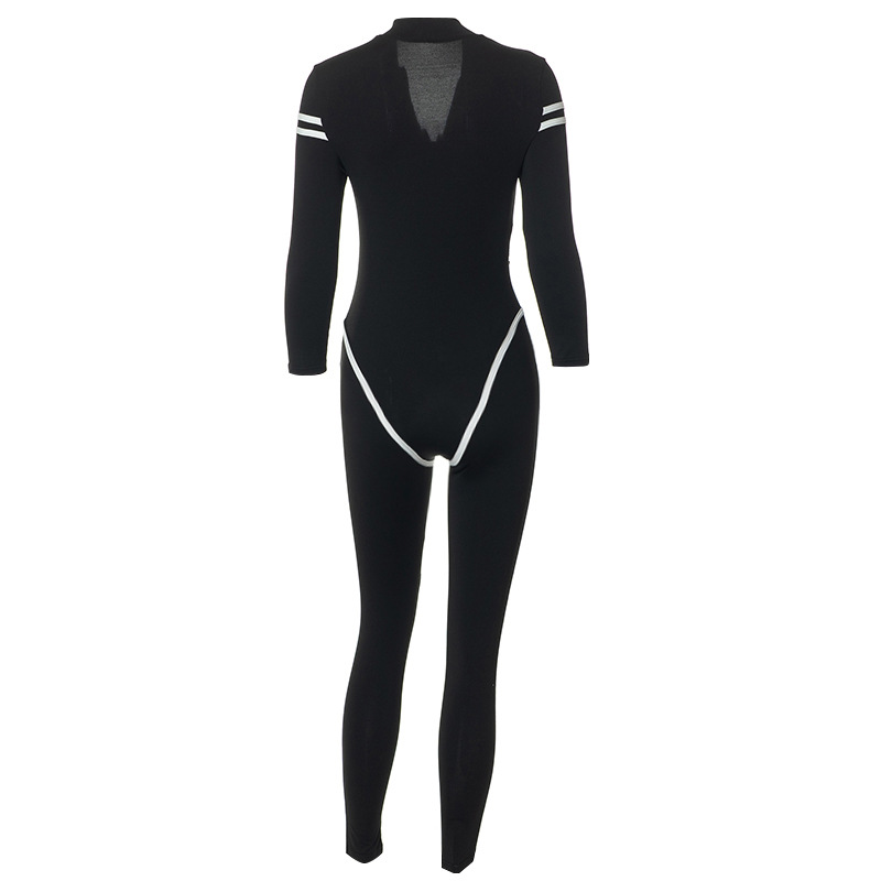 Fashion Color Block Spandex Polyester Full Length Contrast Binding Jumpsuits