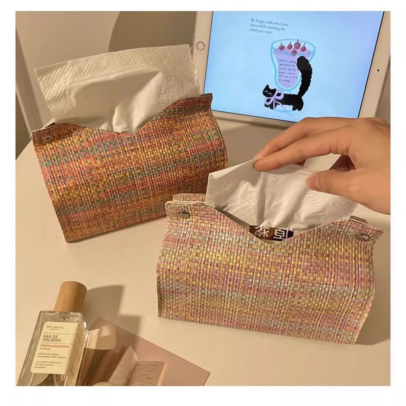 Mixed-Color Woven Tissue Box, High-End Car-Mounted Practical Tissue Bag, Multifunctional Storage for Living Room, Home, and Restaurant