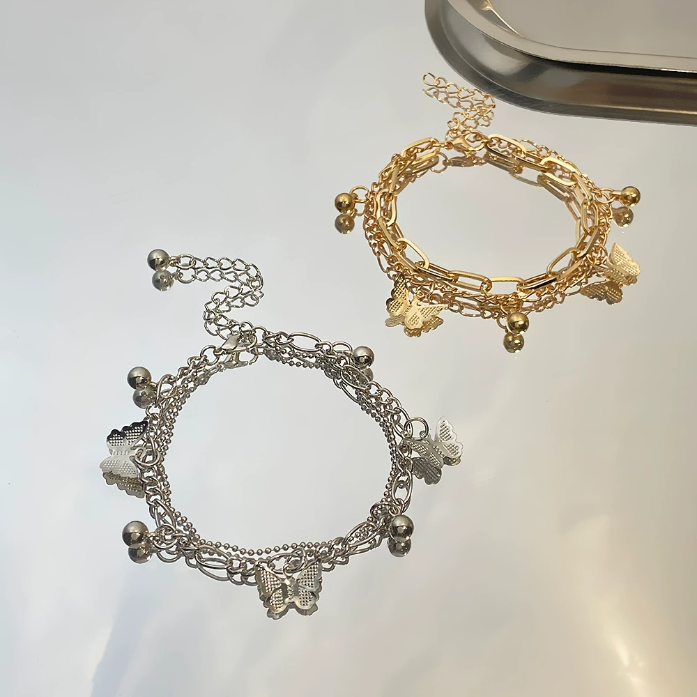 Beach multilayer ankle bracelet heart shaped, small bell with butterfly, double-layer summer chain, accessory, new collection