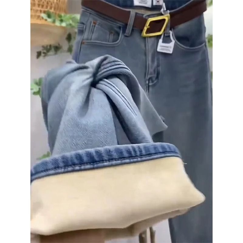 欧货加绒加厚牛仔裤女2025冬季新款胖mm梨形身材小个子直筒阔腿裤|undefined