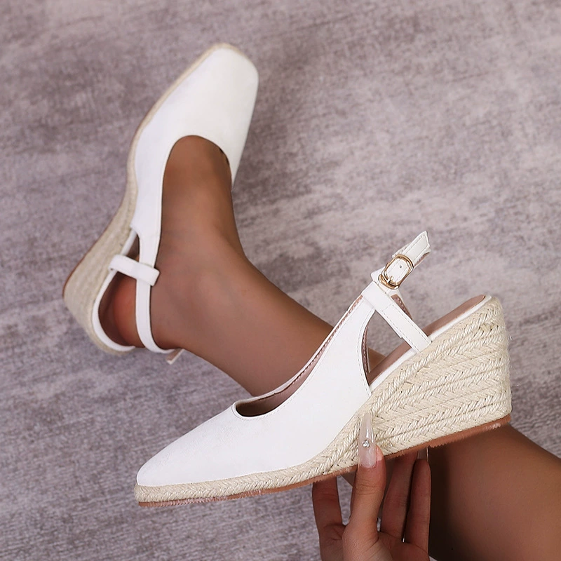Европейские и американские тапочки на танкетке с квадратным носком и платформой, высокие каблуки с закрытым носком, соломенная тканая пеньковая веревка, Женская Однослойная обувь