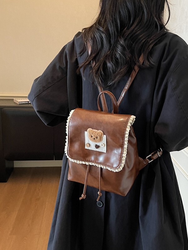 外单韩系可爱蕾丝小熊双肩包高级感秋冬大容量背包学院风学生书包|undefined