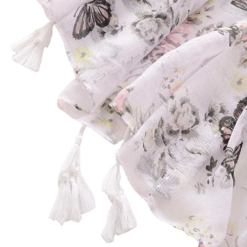 Fresca dulce flor de mariposa lentejuelas decorativo borla larga bufanda grande algodón y lino sensación bufanda protector solar chal para las mujeres