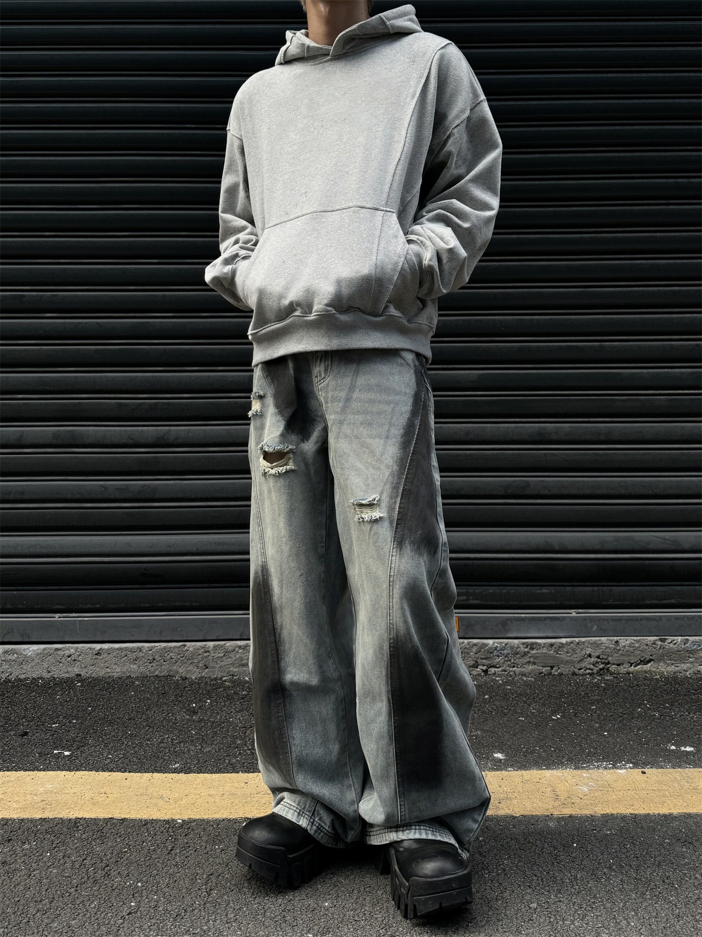 High Street Summer Retro Autumn Vibe Ink Splash Hole Jeans Loose Deconstructed Straight Wide Leg Long Pants_viptrois.com