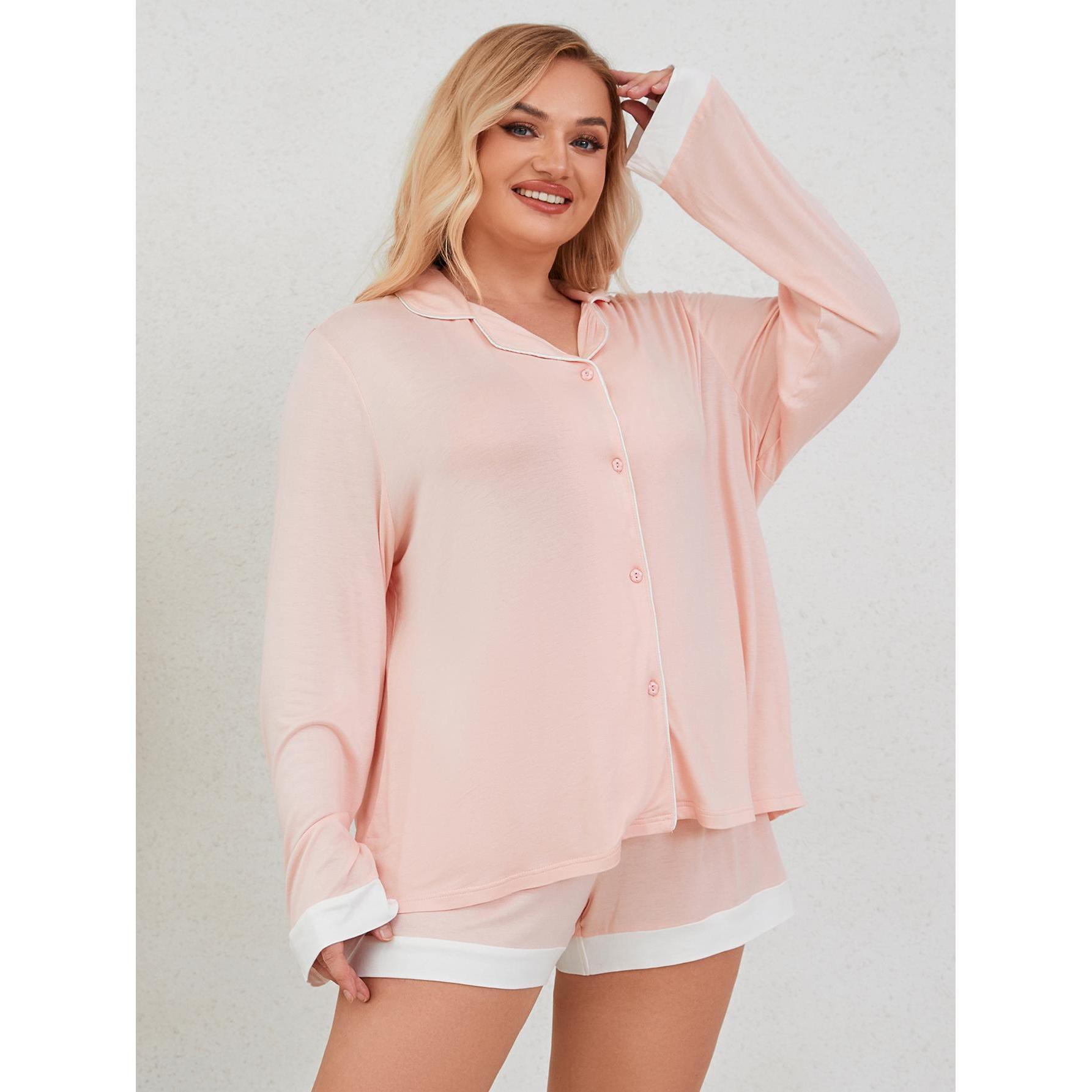 Large size sleepwear for women in spring and summer, Modal 200 pounds, fat mm, long sleeved short home suit set_voghion.com