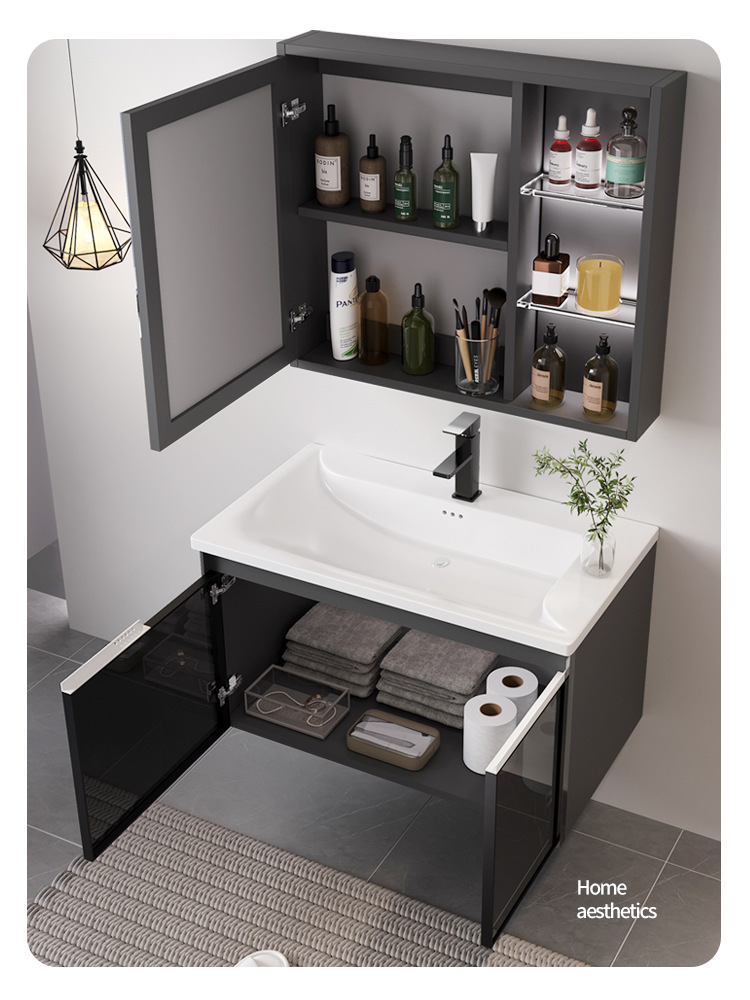 Simple moderno multi-capa de madera maciza gabinete de baño lavabo de cerámica integrado lavabo inteligente baño gabinete espejo de baño