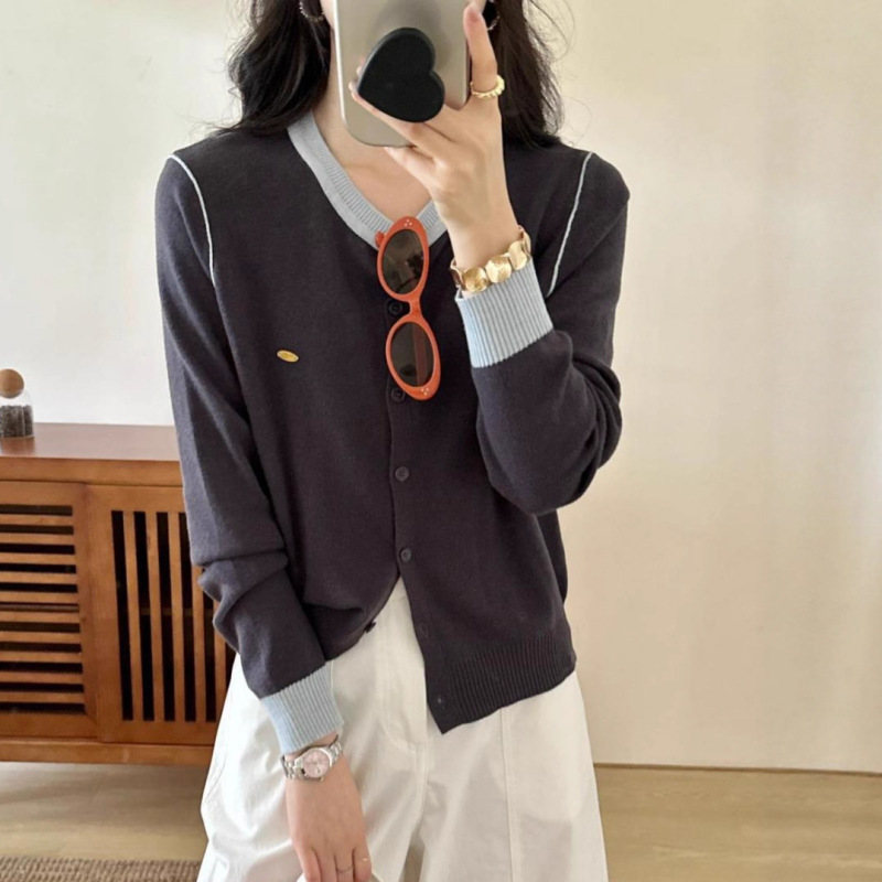 韩版拼色圆领单排扣针织开衫外套时尚标百搭秋季上衣女|undefined
