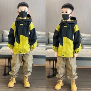 Boys' Charge Coat Spring and Autumn 2024 Spring and Autumn New Style Mid-Big Kids Trendy Cool Contrast Color Outdoor Hooded Coat