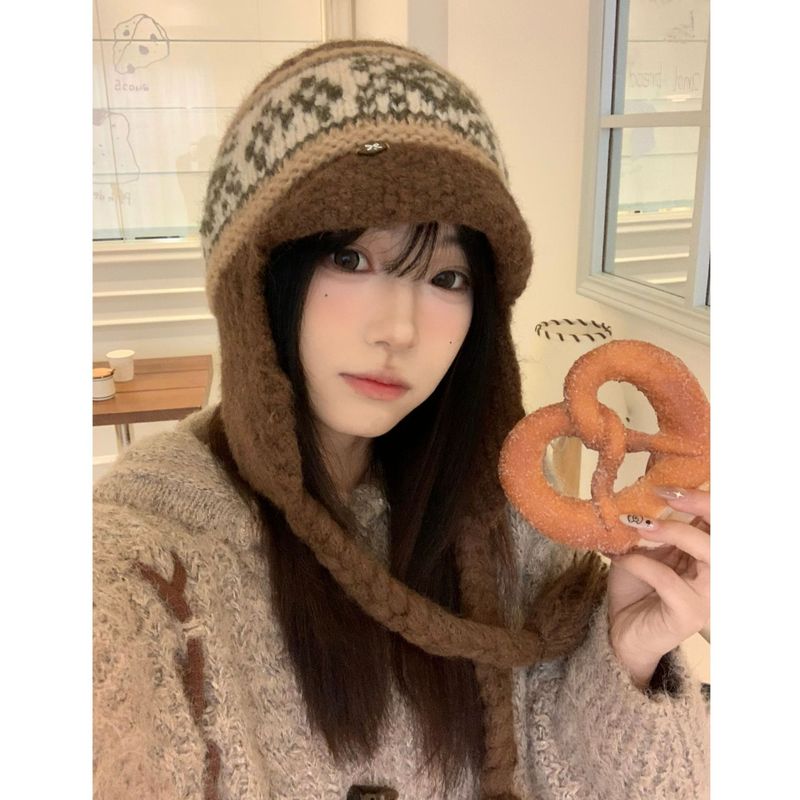 秋冬保暖费尔岛风针织毛线帽女出游百搭包头帽防寒护耳绑带雷锋帽|undefined