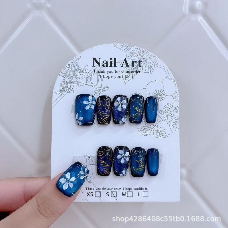 Jiazhimu Wearable Nails Handmade Manicure New Chinese Green Purple Cat's Eye Hand-Painted White Flower Enamel Color Short Style Daily Wear