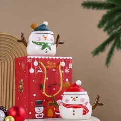 漫画スタイルクリスマス雪だるまマグカップ蓋付きスプーンクリエイティブクリスマスプレゼントセラミックカップ大容量水カップ