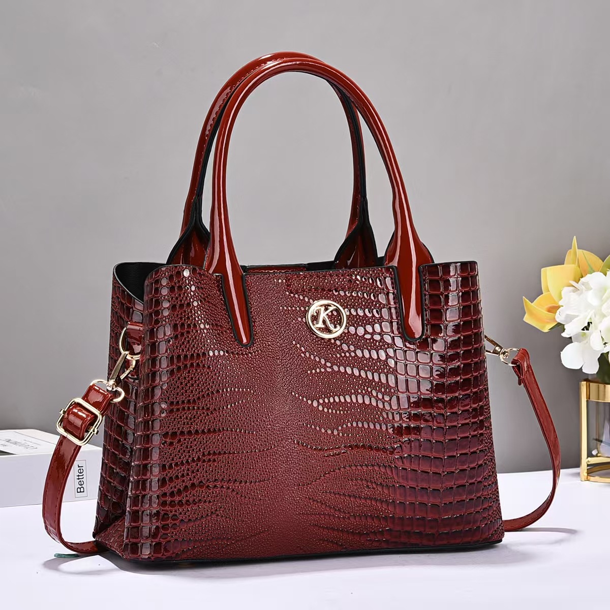 Bolsa de mano de piel brillante de gran capacidad con patrón de cocodrilo, bolsas de hombro de moda versátiles, bolsas transfronterizas de tendencia simple