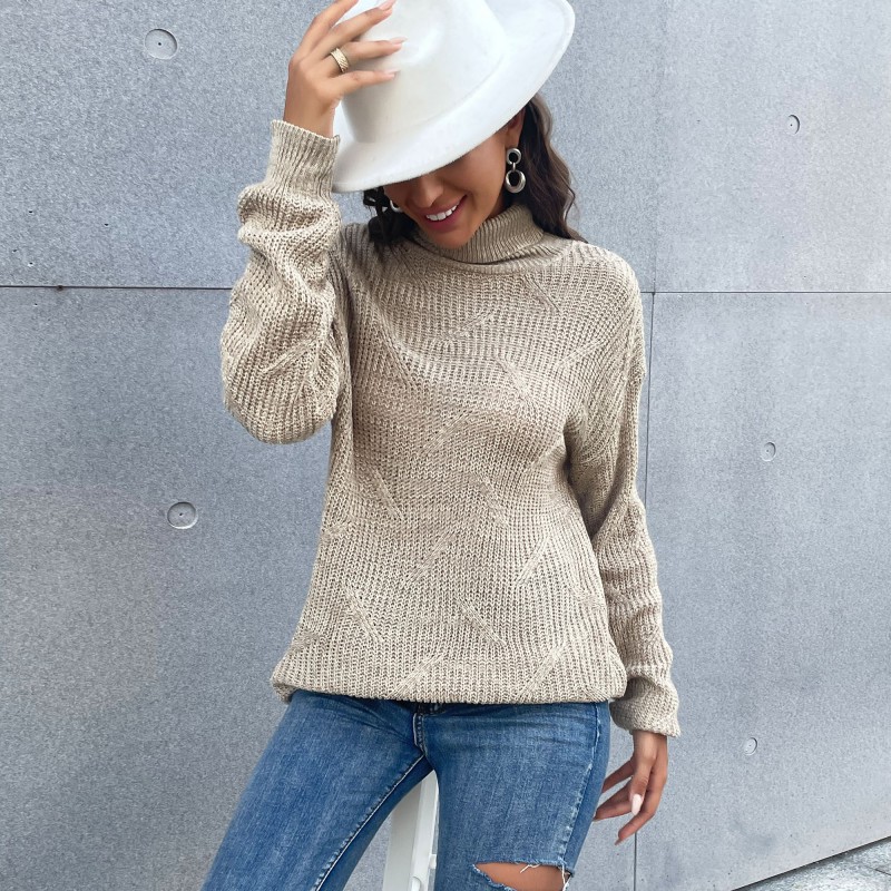 Solid Color Casual Loose Long-sleeved Turtleneck Sweater Pullover_voghion.com